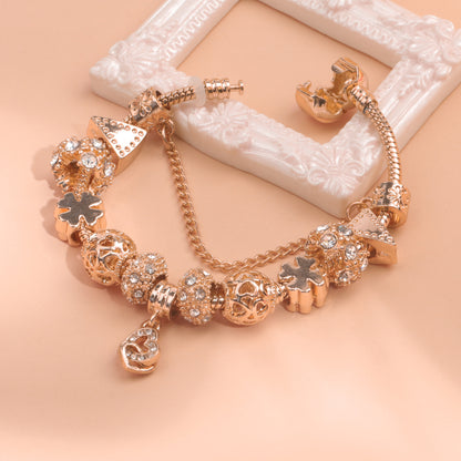 Rose Gold Crystal Charm Bracelet with Clover, Heart, Triangle Beads & Heart Pendant(18cm) - Image 4