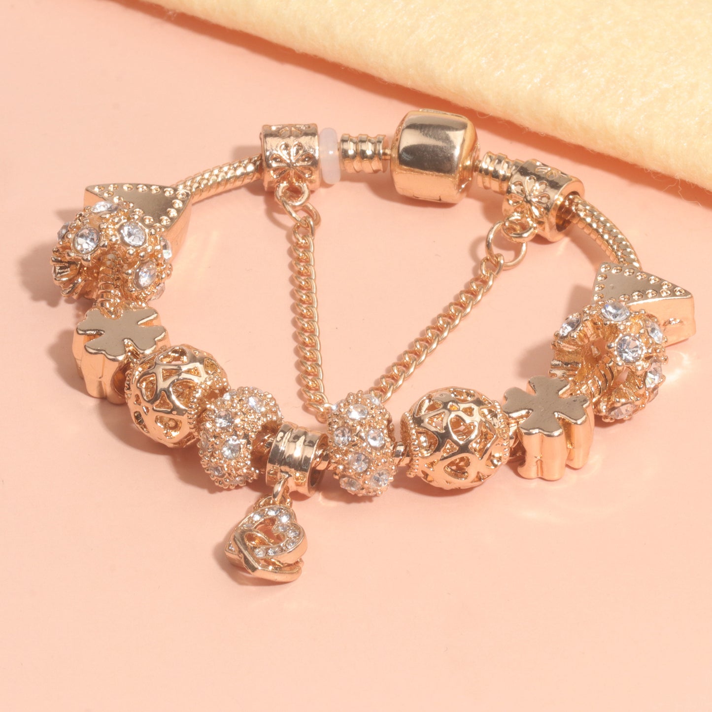 Rose Gold Crystal Charm Bracelet with Clover, Heart, Triangle Beads & Heart Pendant(18cm) - Image 6