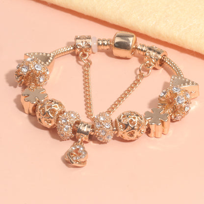 Rose Gold Crystal Charm Bracelet with Clover, Heart, Triangle Beads & Heart Pendant(18cm) - Image 6