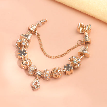 Rose Gold Crystal Charm Bracelet with Clover, Heart, Triangle Beads & Heart Pendant(19cm) - Image 3