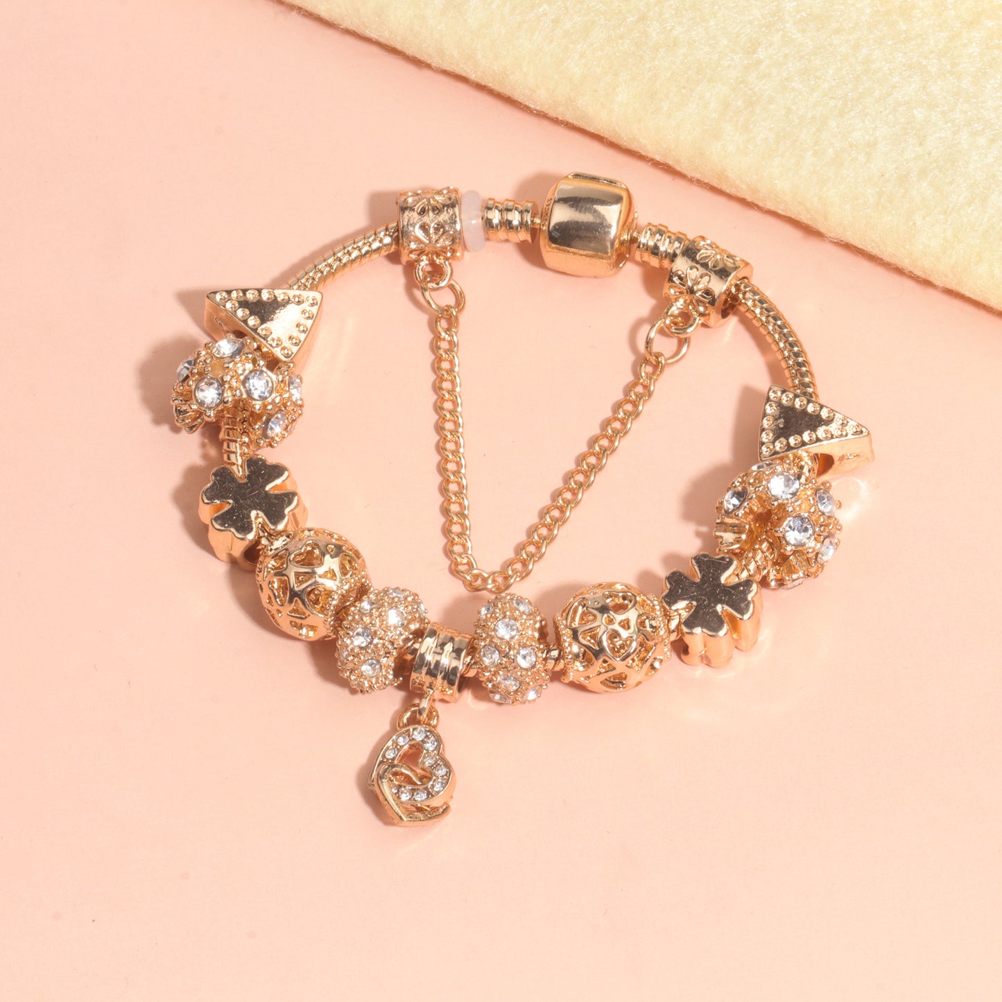 Rose Gold Crystal Charm Bracelet with Clover, Heart, Triangle Beads & Heart Pendant(19cm) - Image 5