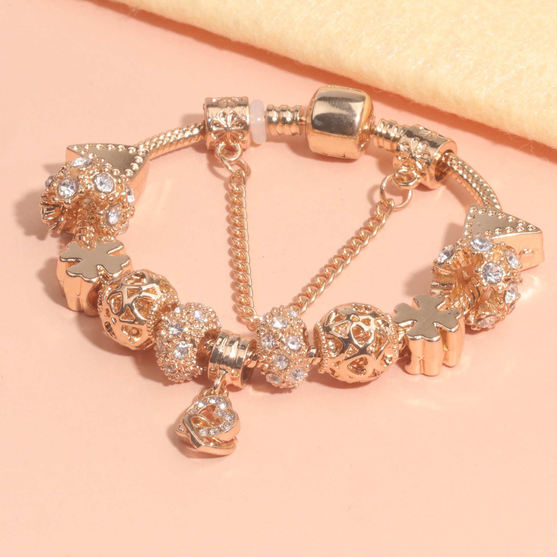 Rose Gold Crystal Charm Bracelet with Clover, Heart, Triangle Beads & Heart Pendant(19cm) - Image 6