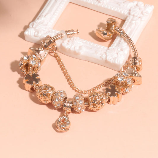 Rose Gold Crystal Charm Bracelet with Clover, Heart, Triangle Beads & Heart Pendant(20cm) - Image 2