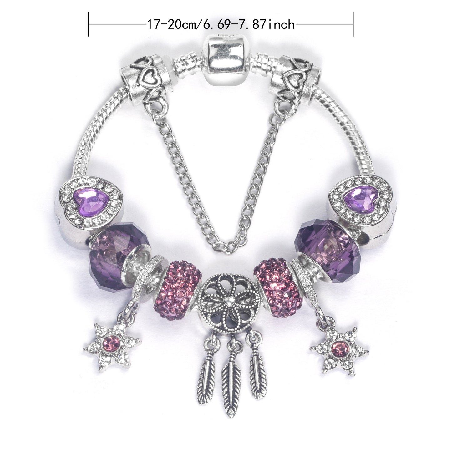 Purple Crystal Beaded Charm Bracelet with Star & Dreamcatcher Pendant, Rhinestone-Embedded DIY Alloy Bracelet(17cm) - Image 2