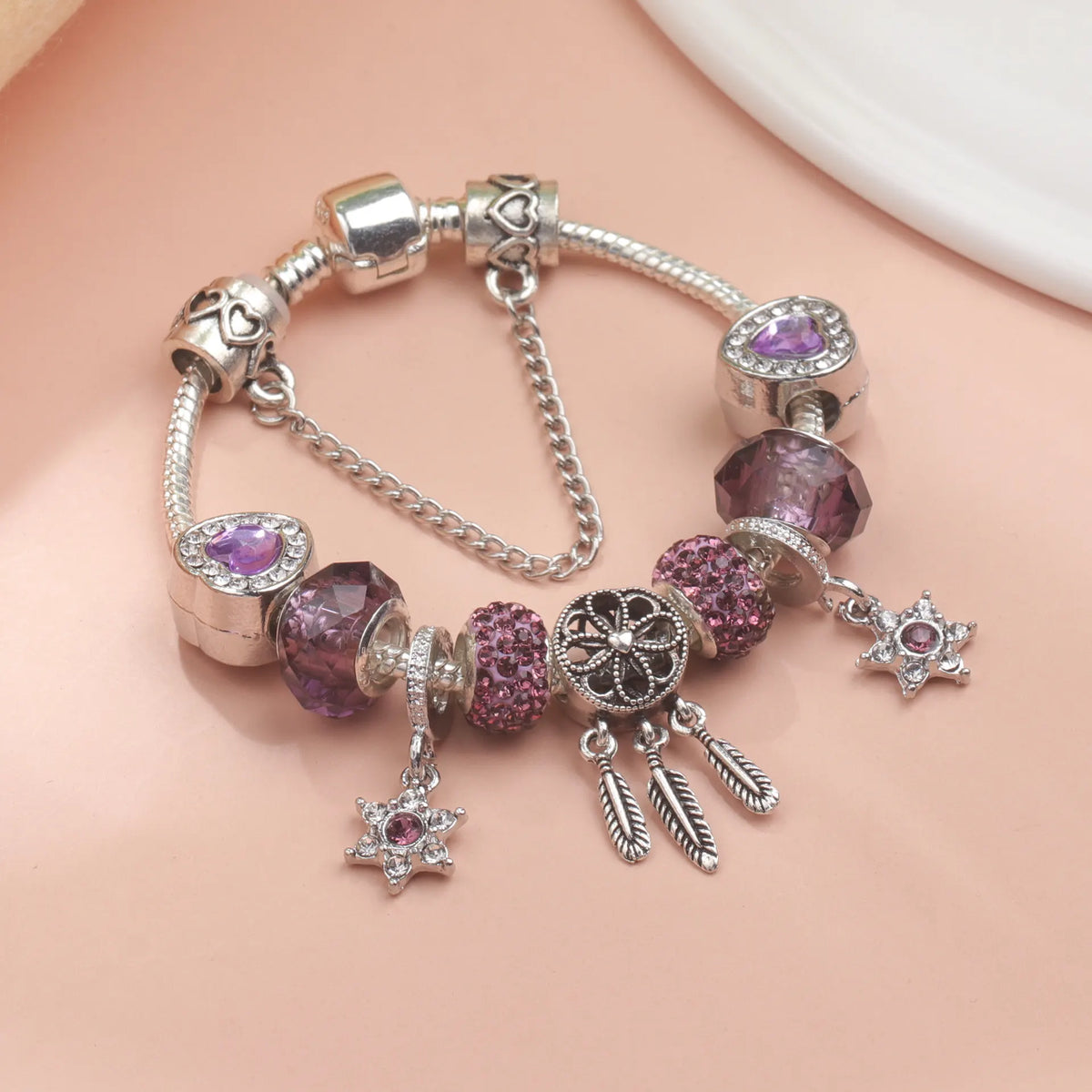 Purple Crystal Beaded Charm Bracelet with Star & Dreamcatcher Pendant, Rhinestone-Embedded DIY Alloy Bracelet(18cm) - Image 4