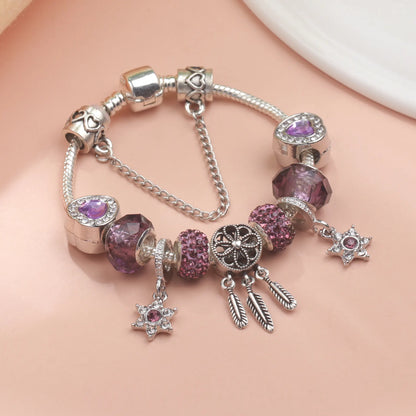 Purple Crystal Beaded Charm Bracelet with Star & Dreamcatcher Pendant, Rhinestone-Embedded DIY Alloy Bracelet(18cm) - Image 4