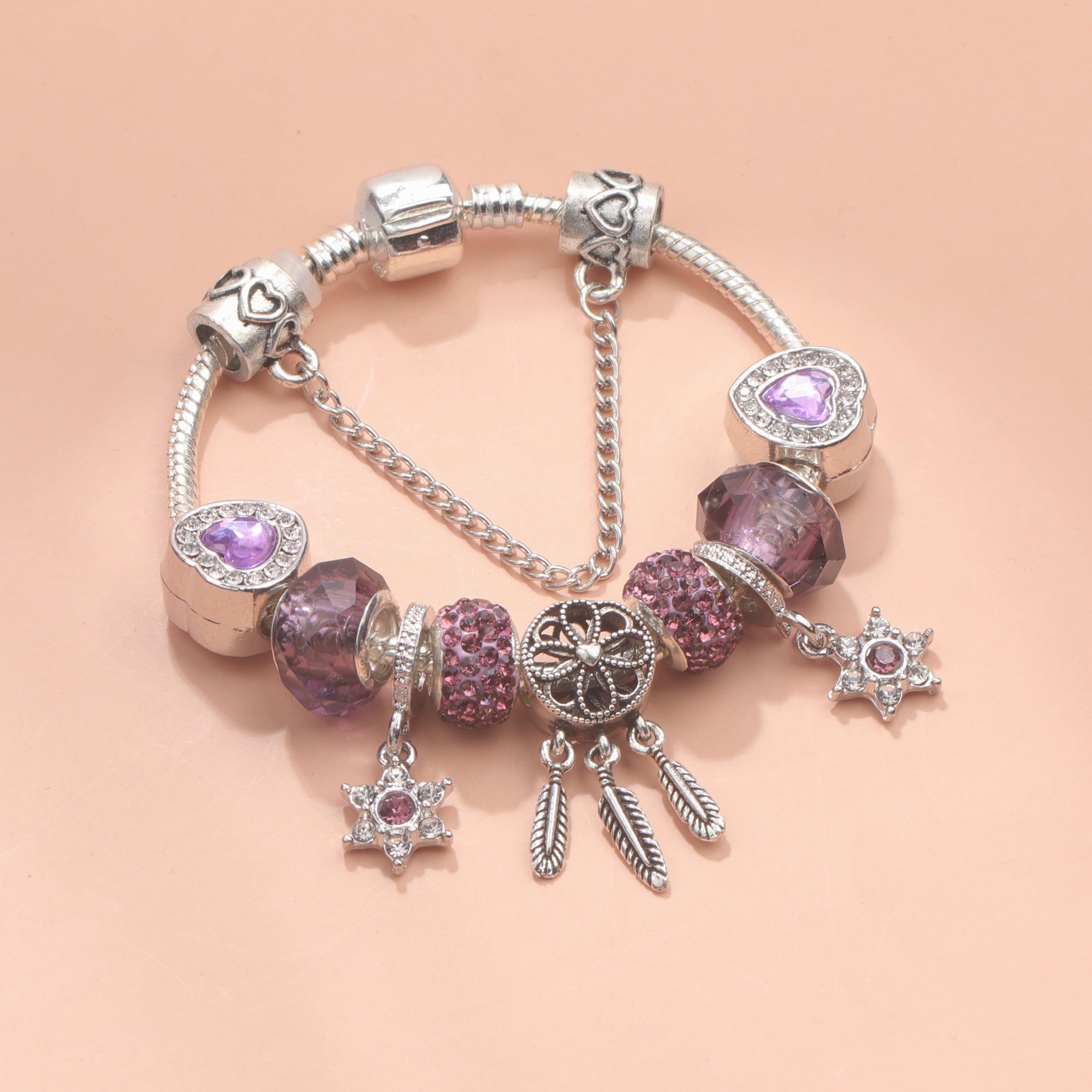 Purple Crystal Beaded Charm Bracelet with Star & Dreamcatcher Pendant, Rhinestone-Embedded DIY Alloy Bracelet(18cm) - Image 5