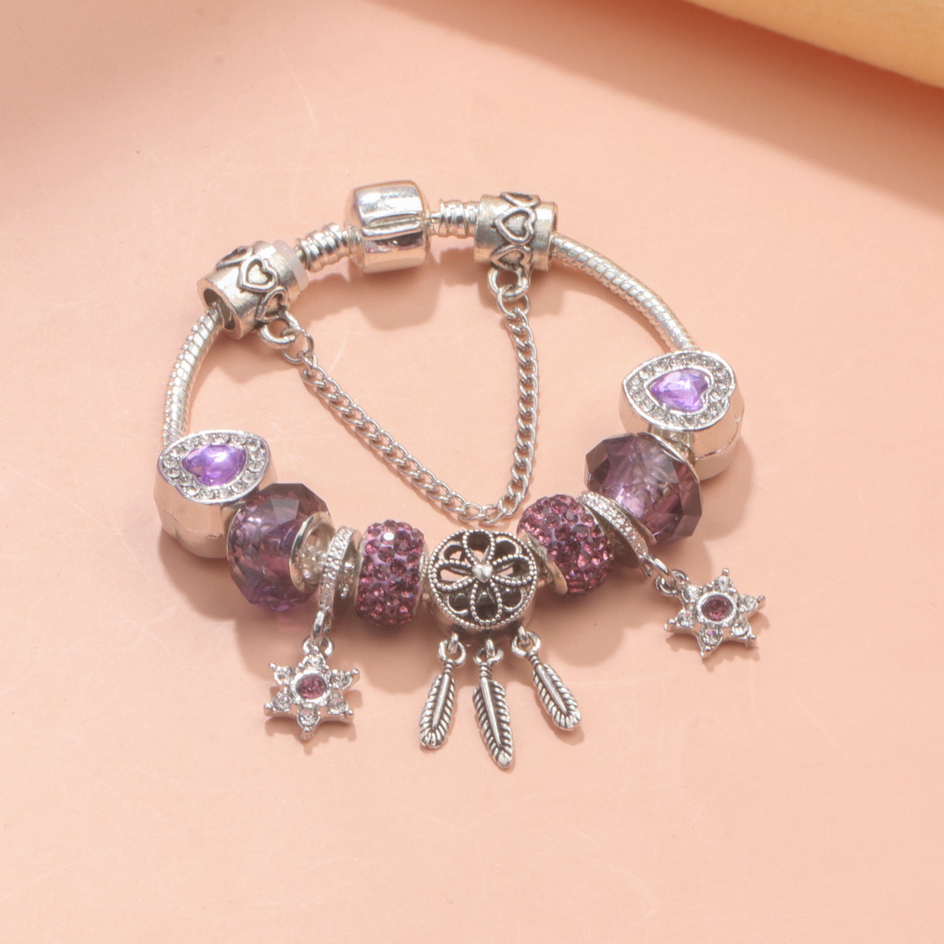 Purple Crystal Beaded Charm Bracelet with Star & Dreamcatcher Pendant, Rhinestone-Embedded DIY Alloy Bracelet(18cm) - Image 6