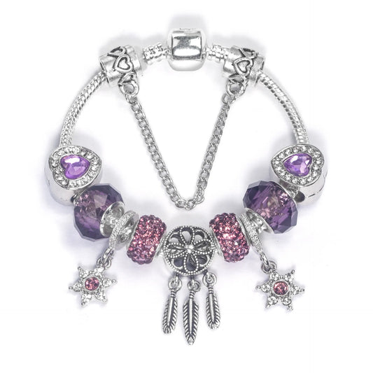 Purple Crystal Beaded Charm Bracelet with Star & Dreamcatcher Pendant, Rhinestone-Embedded DIY Alloy Bracelet(19cm)