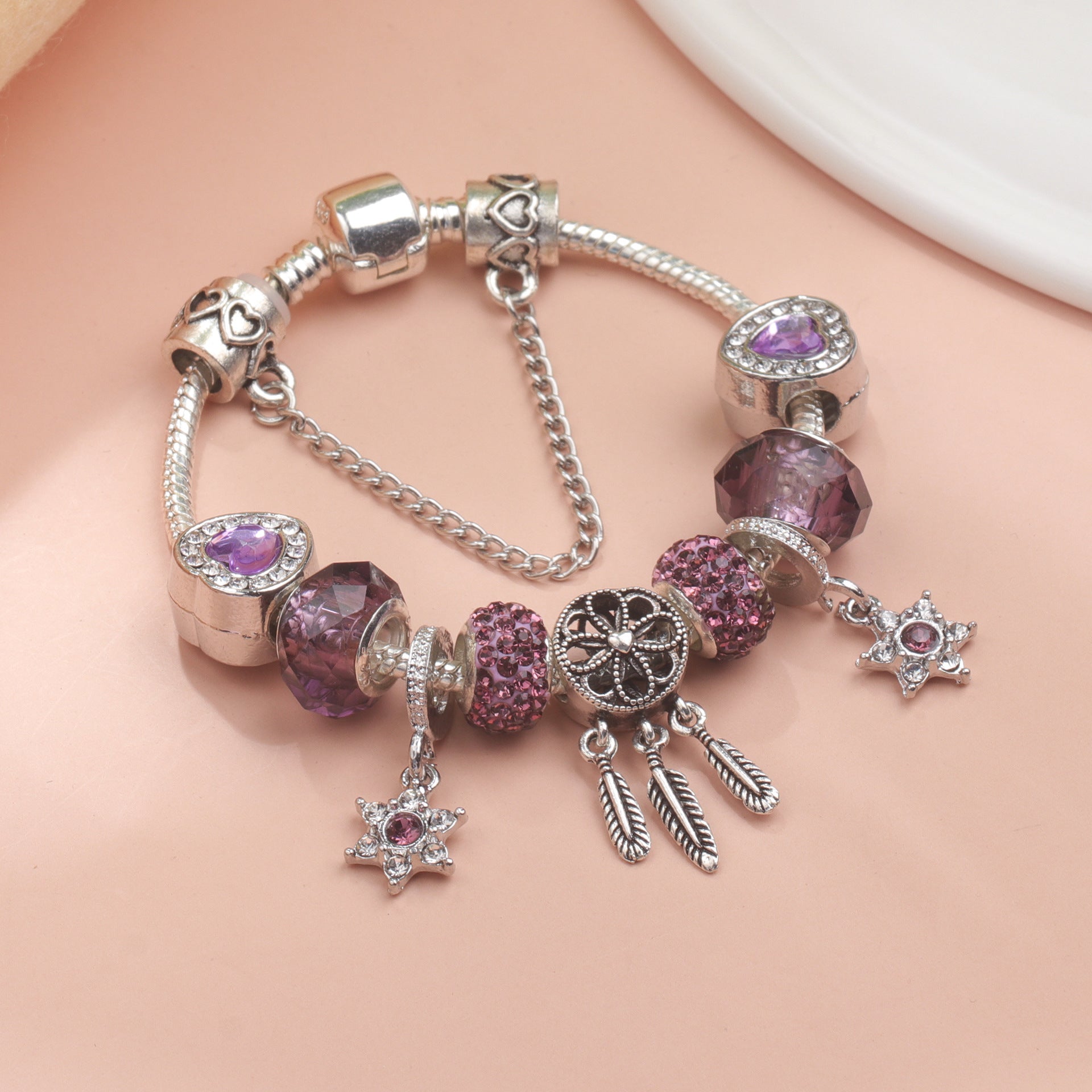 Purple Crystal Beaded Charm Bracelet with Star & Dreamcatcher Pendant, Rhinestone-Embedded DIY Alloy Bracelet(19cm) - Image 4