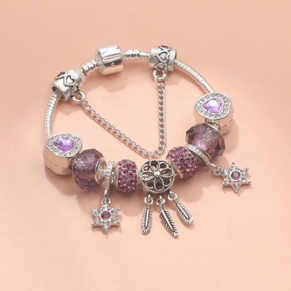 Purple Crystal Beaded Charm Bracelet with Star & Dreamcatcher Pendant, Rhinestone-Embedded DIY Alloy Bracelet(19cm) - Image 5