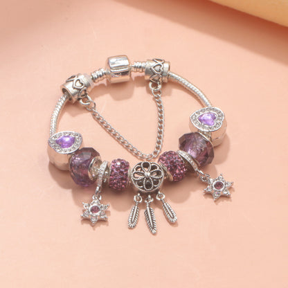Purple Crystal Beaded Charm Bracelet with Star & Dreamcatcher Pendant, Rhinestone-Embedded DIY Alloy Bracelet(19cm) - Image 6