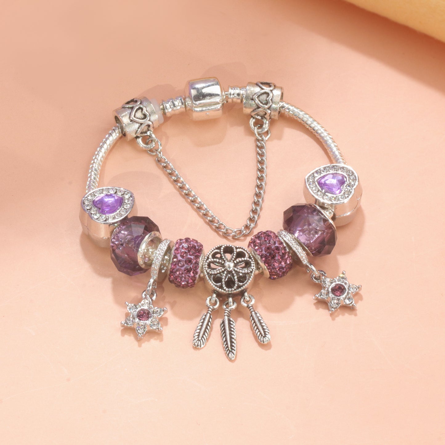 Purple Crystal Beaded Charm Bracelet with Star & Dreamcatcher Pendant, Rhinestone-Embedded DIY Alloy Bracelet(19cm) - Image 7