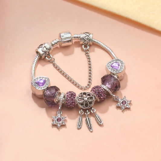 Purple Crystal Beaded Charm Bracelet with Star & Dreamcatcher Pendant, Rhinestone-Embedded DIY Alloy Bracelet(20cm) - Image 3