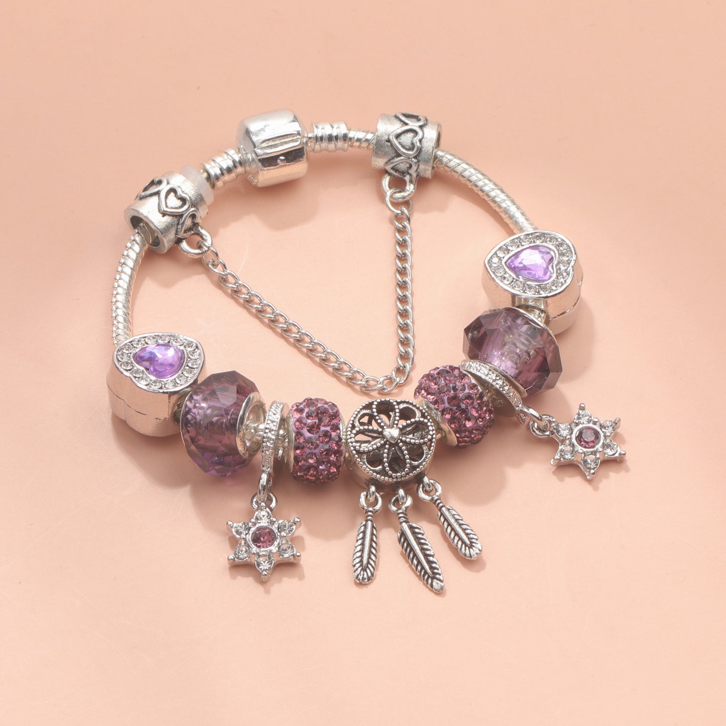 Purple Crystal Beaded Charm Bracelet with Star & Dreamcatcher Pendant, Rhinestone-Embedded DIY Alloy Bracelet(20cm) - Image 5