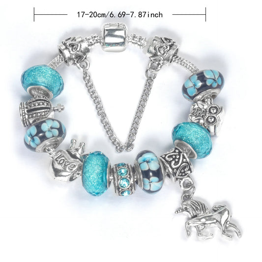 Vintage Water Glass Rhinestone Heart Crown Beaded Unicorn Pendant DIY Bracelet(18cm) - Image 2