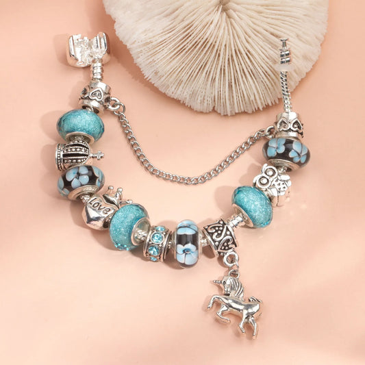 Vintage Water Glass Rhinestone Heart Crown Beaded Unicorn Pendant DIY Bracelet(20cm) - Image 4
