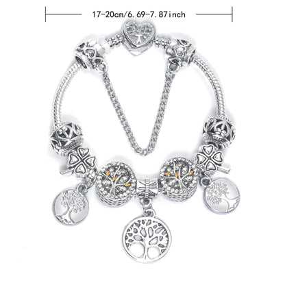 Vintage Silver Tree of Life CZ Four - Leaf Clover Charm Bead DIY Bracelet, Retro Style(17cm) - Image 2
