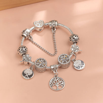 Vintage Silver Tree of Life CZ Four - Leaf Clover Charm Bead DIY Bracelet, Retro Style(17cm) - Image 4