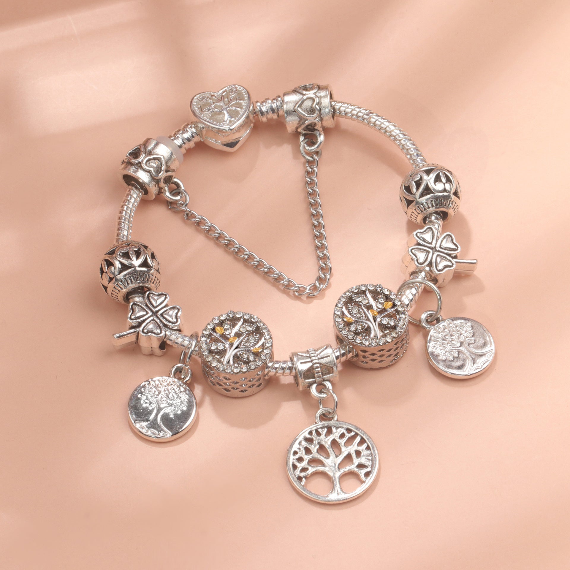 Vintage Silver Tree of Life CZ Four - Leaf Clover Charm Bead DIY Bracelet, Retro Style(17cm) - Image 6