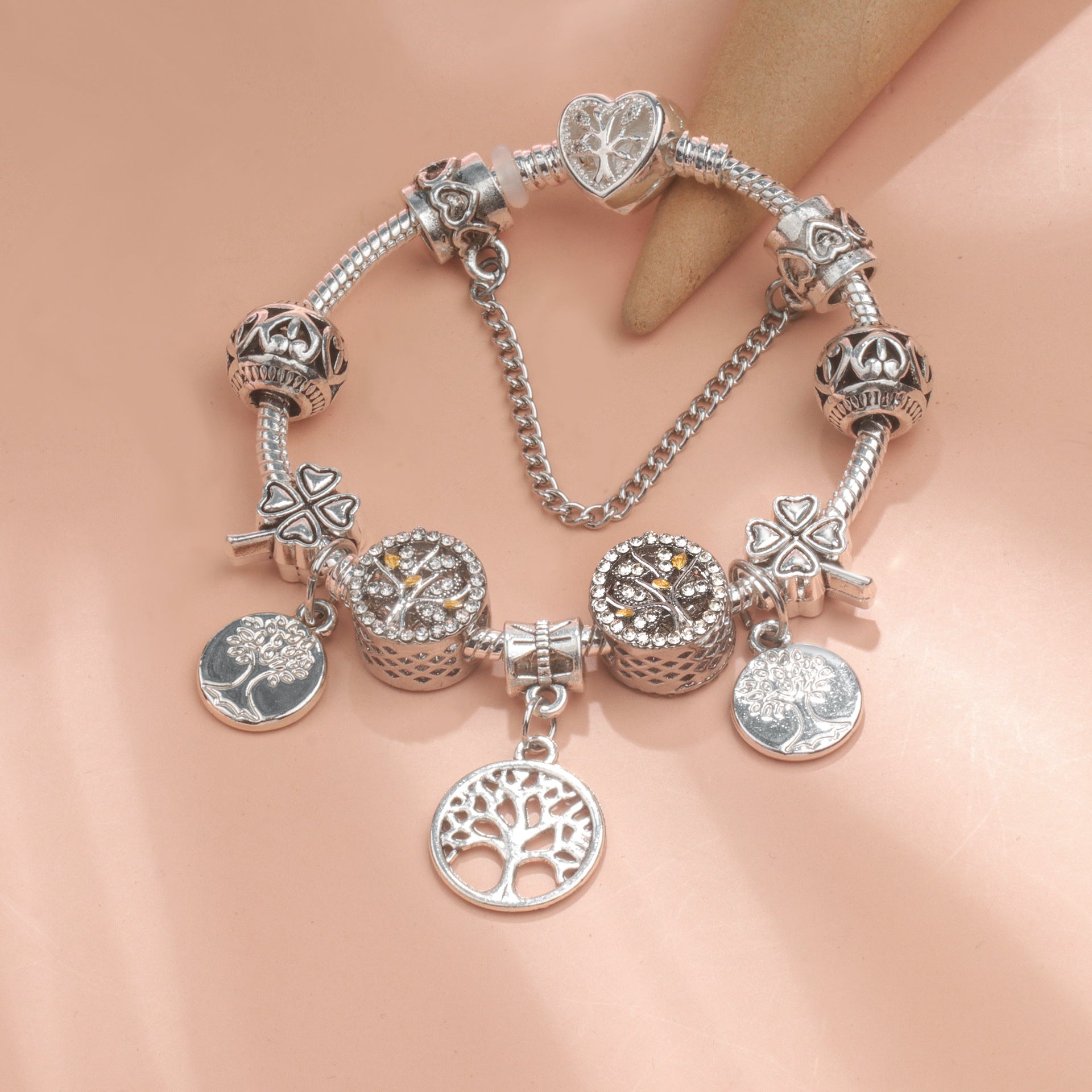 Vintage Silver Tree of Life CZ Four - Leaf Clover Charm Bead DIY Bracelet, Retro Style(17cm) - Image 7