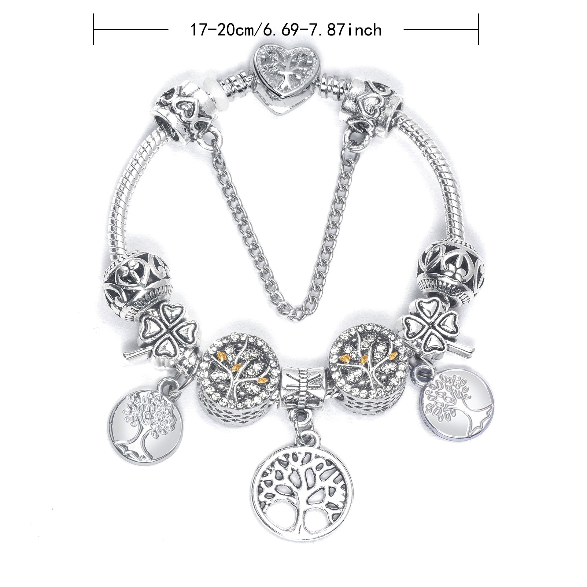 Vintage Silver Tree of Life CZ Four - Leaf Clover Charm Bead DIY Bracelet, Retro Style(18cm) - Image 2