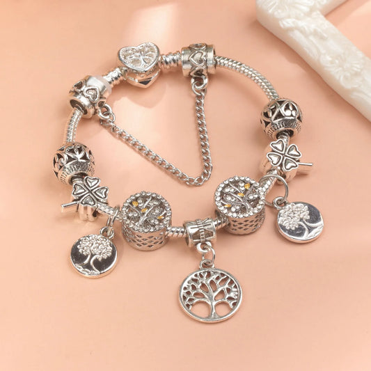 Vintage Silver Tree of Life CZ Four - Leaf Clover Charm Bead DIY Bracelet, Retro Style(18cm) - Image 3