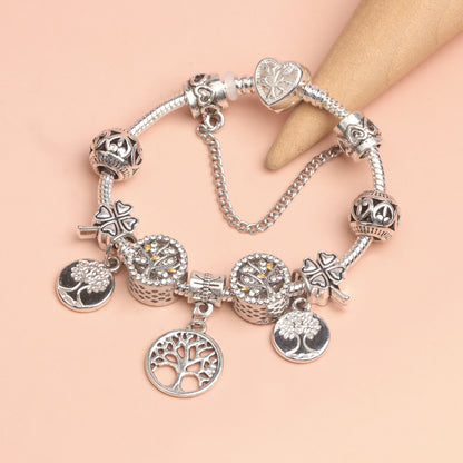 Vintage Silver Tree of Life CZ Four - Leaf Clover Charm Bead DIY Bracelet, Retro Style(18cm) - Image 5