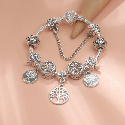 Vintage Silver Tree of Life CZ Four - Leaf Clover Charm Bead DIY Bracelet, Retro Style(18cm) - Image 7