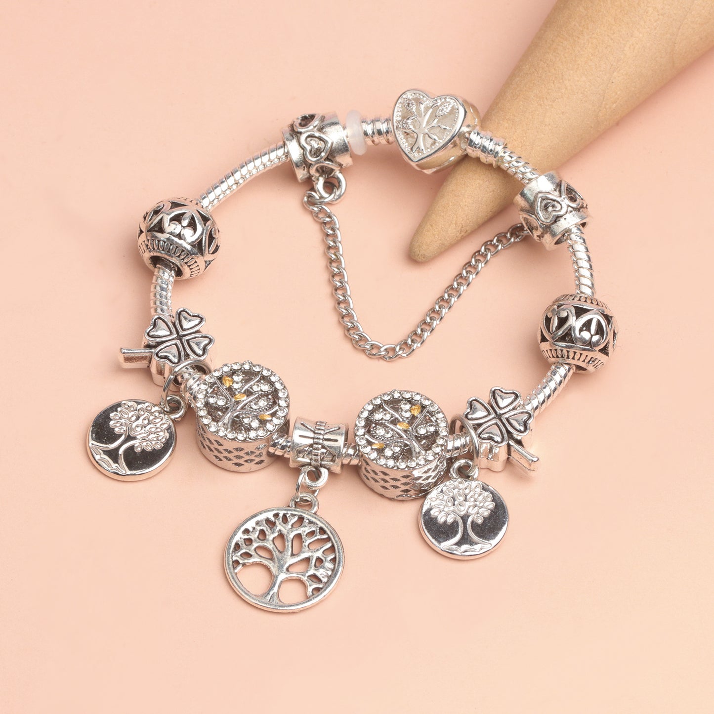 Vintage Silver Tree of Life CZ Four - Leaf Clover Charm Bead DIY Bracelet, Retro Style(19cm) - Image 5
