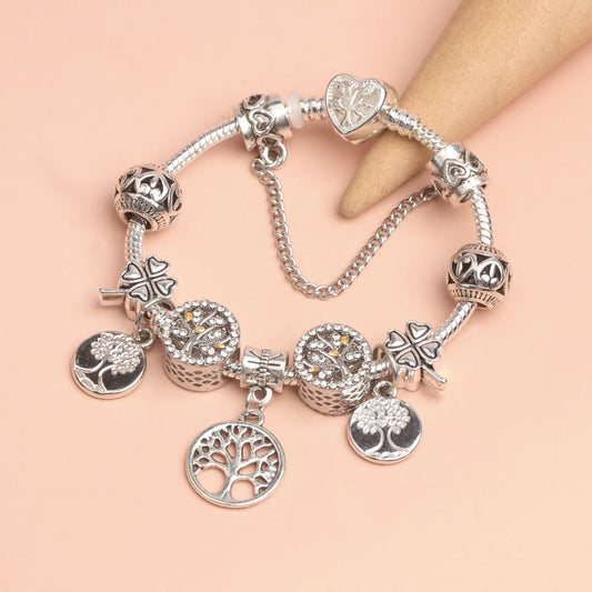 Vintage Silver Tree of Life CZ Four - Leaf Clover Charm Bead DIY Bracelet, Retro Style(19cm) - Image 5