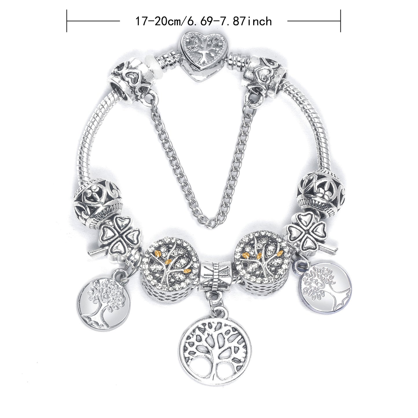 Vintage Silver Tree of Life CZ Four - Leaf Clover Charm Bead DIY Bracelet, Retro Style(20cm) - Image 2