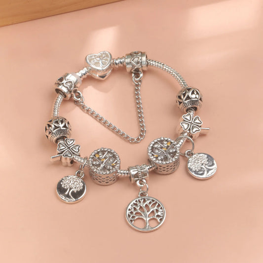 Vintage Silver Tree of Life CZ Four - Leaf Clover Charm Bead DIY Bracelet, Retro Style(20cm) - Image 4