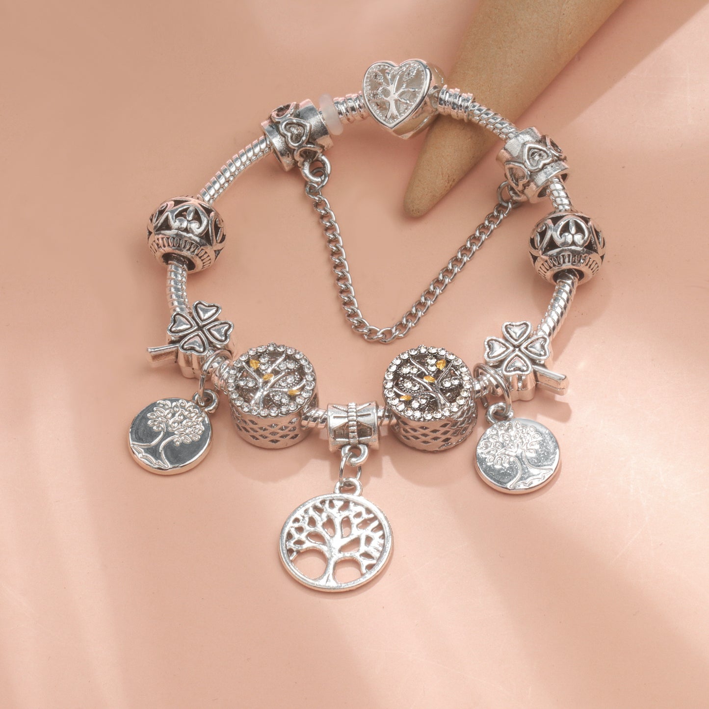 Vintage Silver Tree of Life CZ Four - Leaf Clover Charm Bead DIY Bracelet, Retro Style(20cm) - Image 7