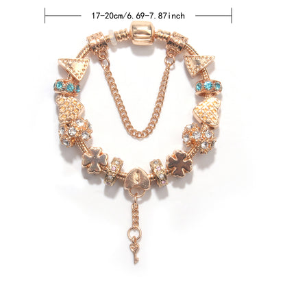 Rose Gold DIY Charm Bracelet with Crystal Heart, Clover & Key Pendant, Romantic Beaded Bracelet(17cm) - Image 2