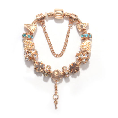 Rose Gold DIY Charm Bracelet with Crystal Heart, Clover & Key Pendant, Romantic Beaded Bracelet(18cm)
