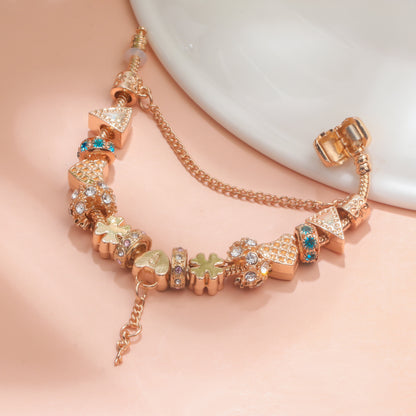 Rose Gold DIY Charm Bracelet with Crystal Heart, Clover & Key Pendant, Romantic Beaded Bracelet(18cm) - Image 3