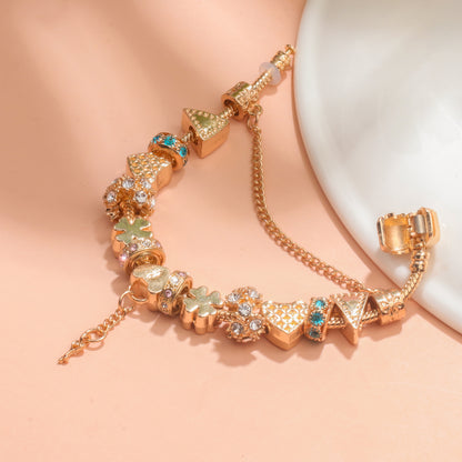 Rose Gold DIY Charm Bracelet with Crystal Heart, Clover & Key Pendant, Romantic Beaded Bracelet(18cm) - Image 5