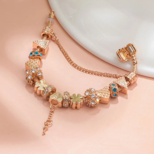 Rose Gold DIY Charm Bracelet with Crystal Heart, Clover & Key Pendant, Romantic Beaded Bracelet(19cm) - Image 3