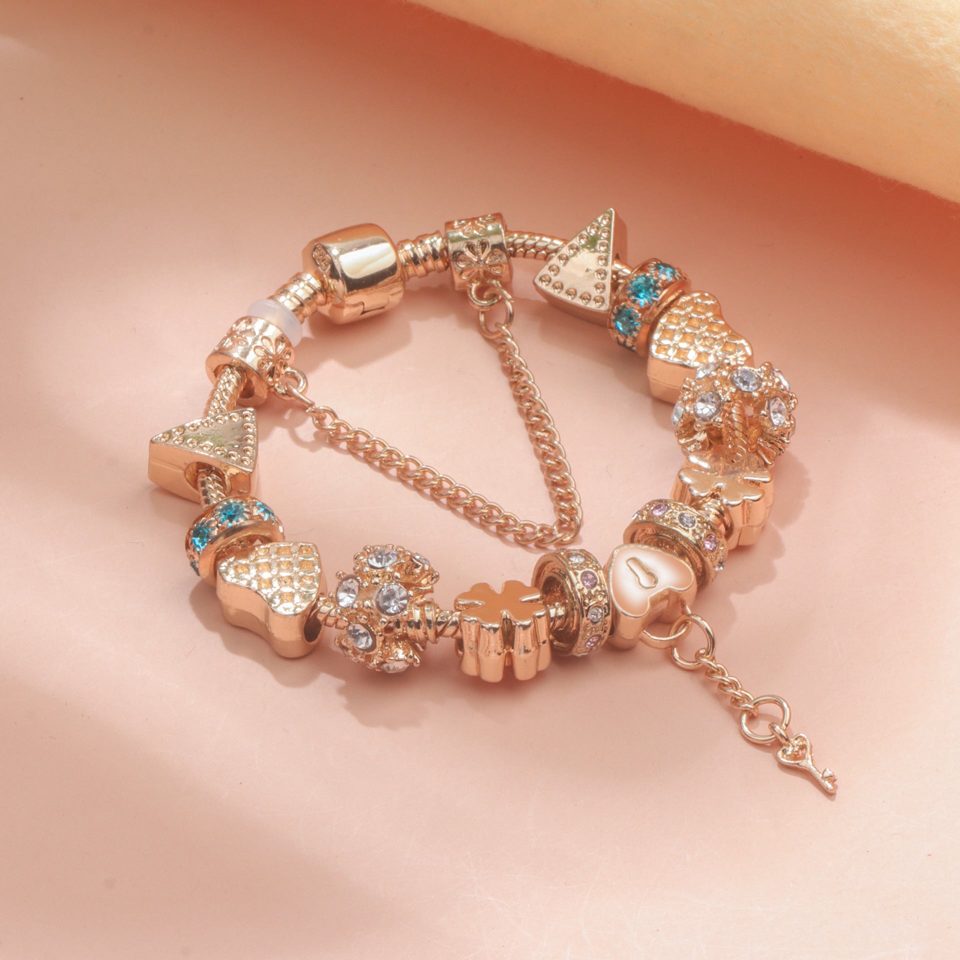 Rose Gold DIY Charm Bracelet with Crystal Heart, Clover & Key Pendant, Romantic Beaded Bracelet(19cm) - Image 4