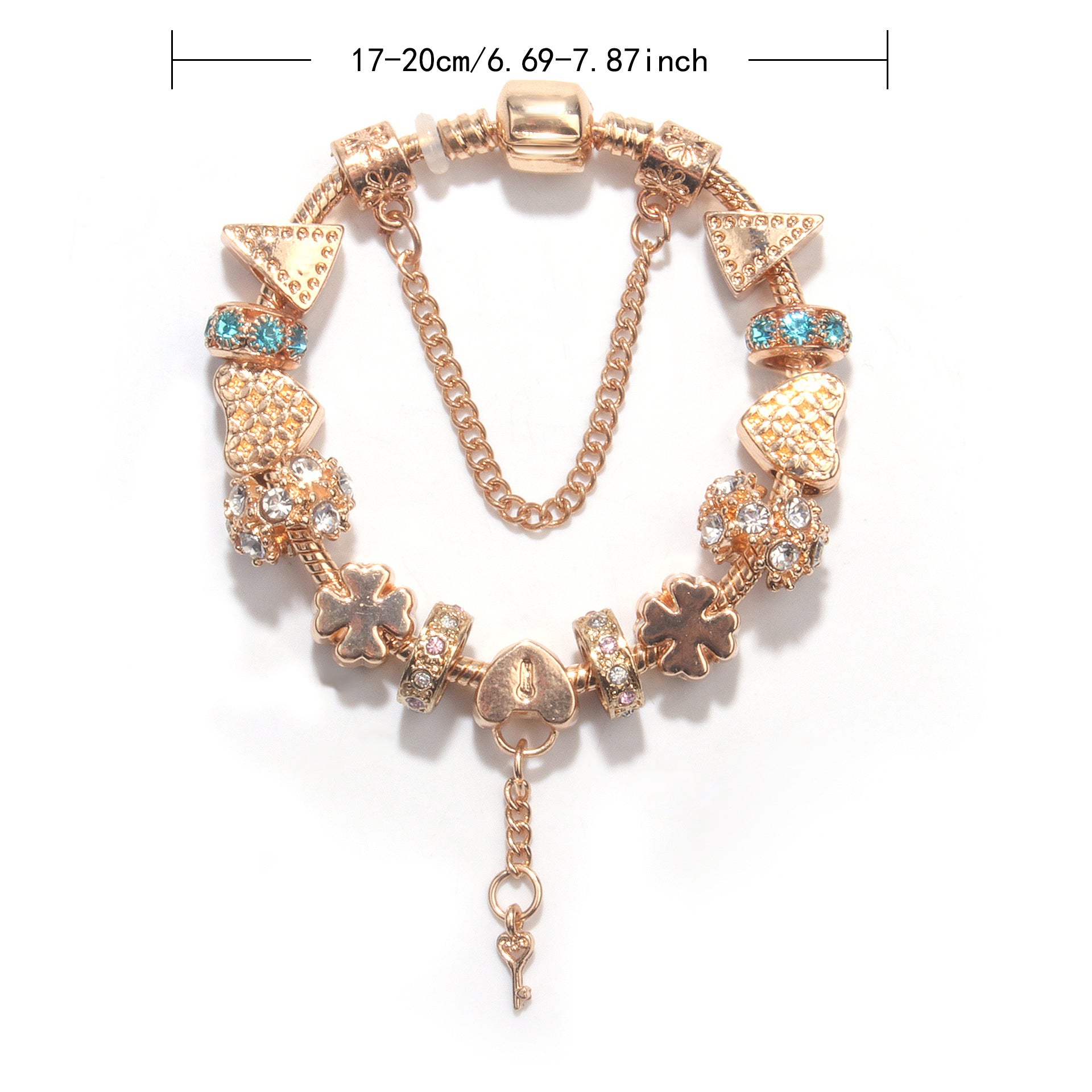 Rose Gold DIY Charm Bracelet with Crystal Heart, Clover & Key Pendant, Romantic Beaded Bracelet(20cm) - Image 2