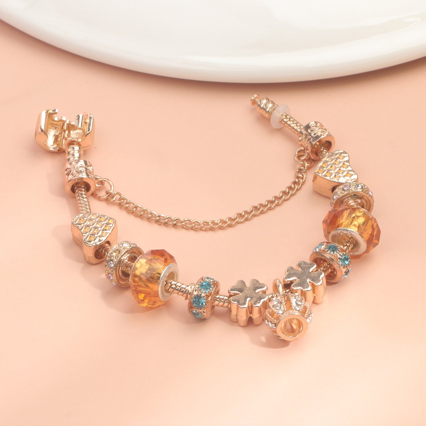Rhinestone Gold Heart Glass Beaded Bracelet with Crown Pendant(17cm) - Image 3