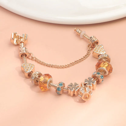 Rhinestone Gold Heart Glass Beaded Bracelet with Crown Pendant(17cm) - Image 3