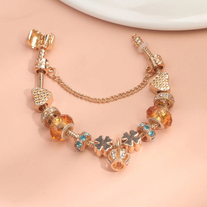Rhinestone Gold Heart Glass Beaded Bracelet with Crown Pendant(18cm) - Image 4