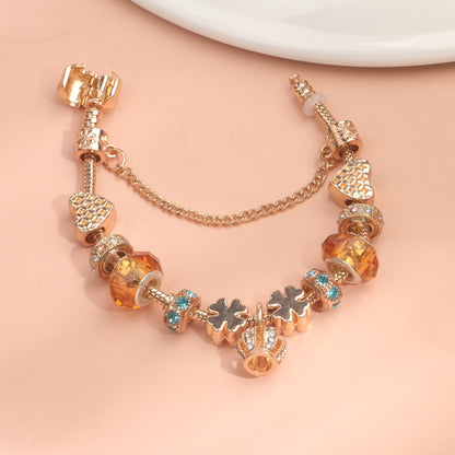 Rhinestone Gold Heart Glass Beaded Bracelet with Crown Pendant(19cm) - Image 4