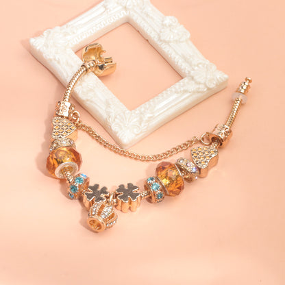 Rhinestone Gold Heart Glass Beaded Bracelet with Crown Pendant(19cm) - Image 5