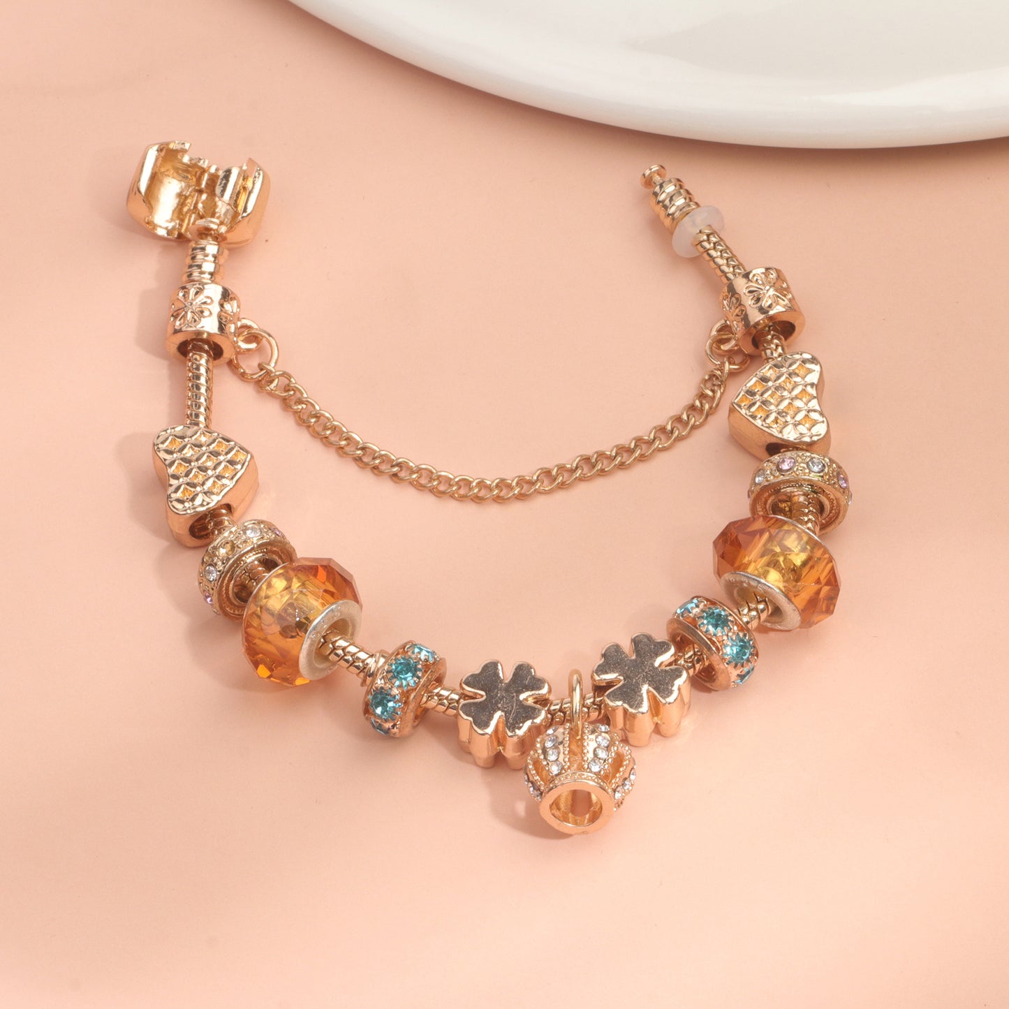 Rhinestone Gold Heart Glass Beaded Bracelet with Crown Pendant(20cm) - Image 5