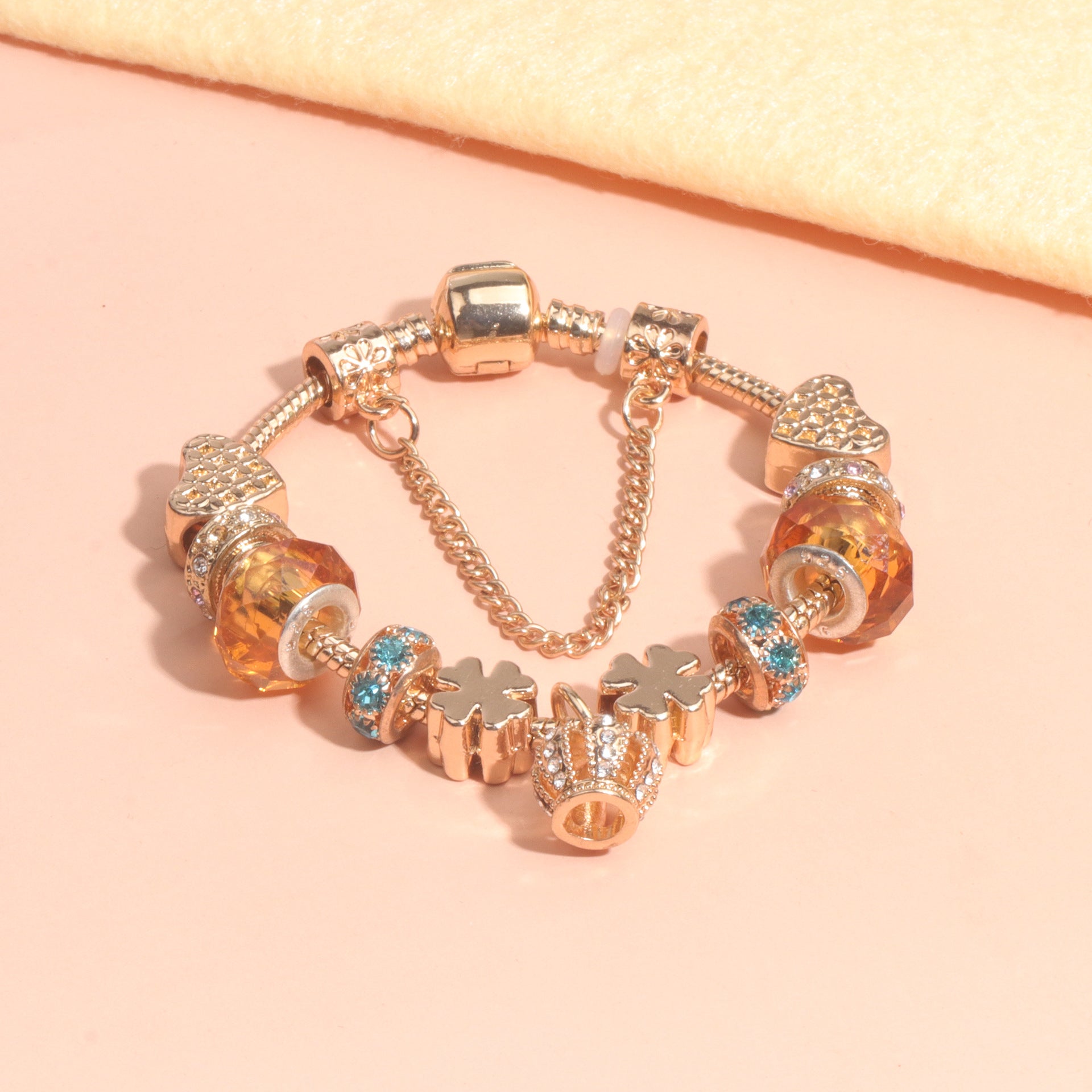 Rhinestone Gold Heart Glass Beaded Bracelet with Crown Pendant(20cm) - Image 7