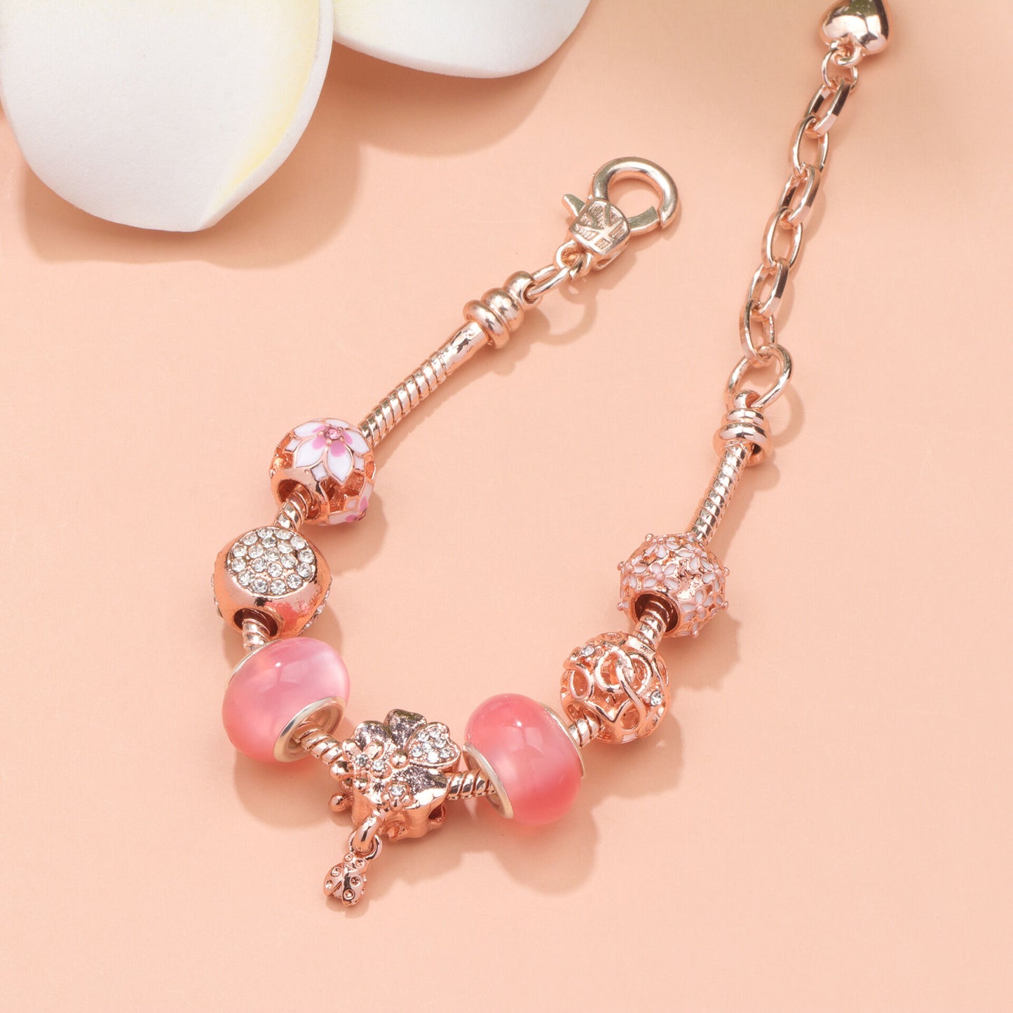 Rose Gold Beaded Bracelet with Floral & Zircon Accents(16cm) - Image 2