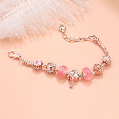 Rose Gold Beaded Bracelet with Floral & Zircon Accents(16cm) - Image 3